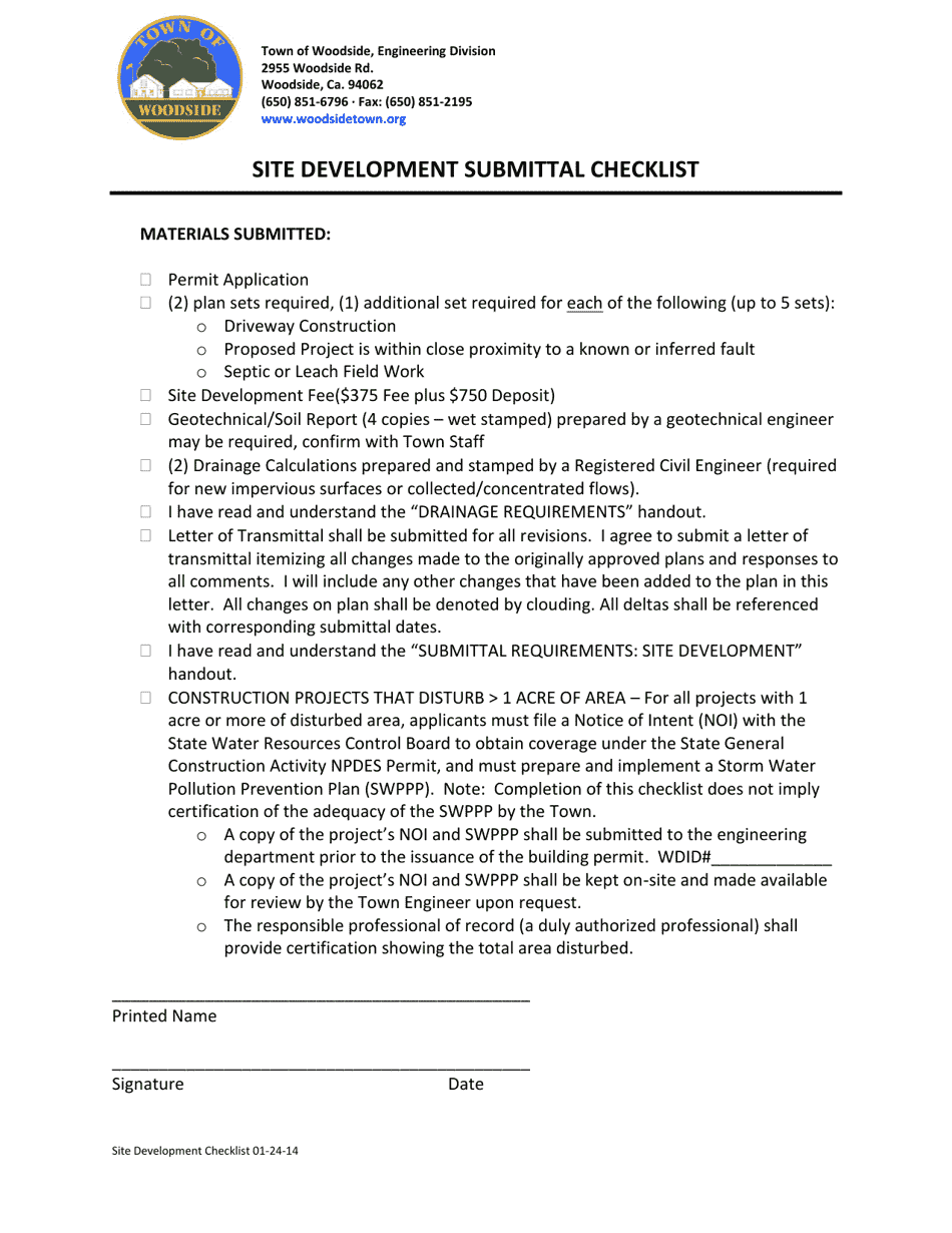 Site Development Submittal Checklist - Town of Woodside, California, Page 1