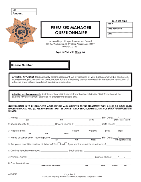 Premises Manager Questionnaire - Arizona Download Pdf