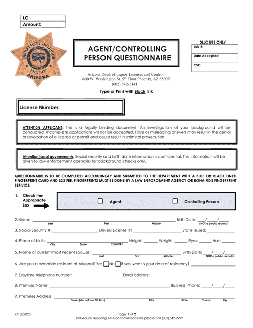 Agent / Controlling Person Questionnaire - Arizona Download Pdf