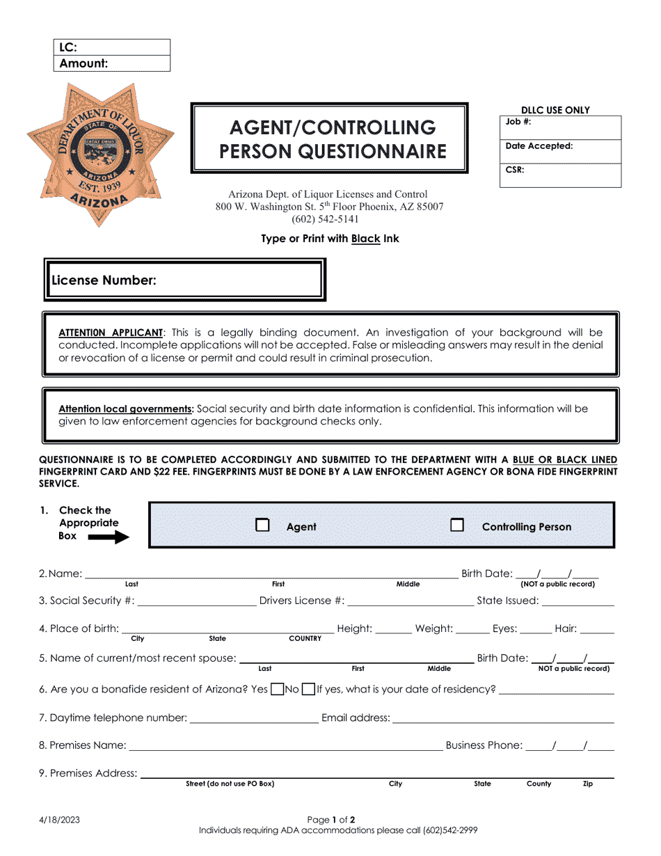 Agent / Controlling Person Questionnaire - Arizona, Page 1