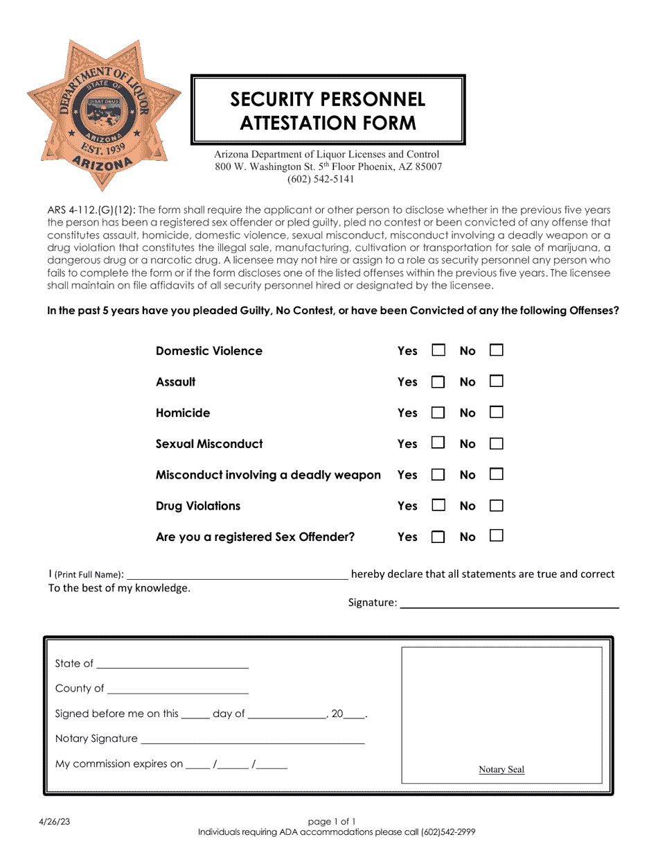 Security Personnel Attestation Form - Arizona, Page 1
