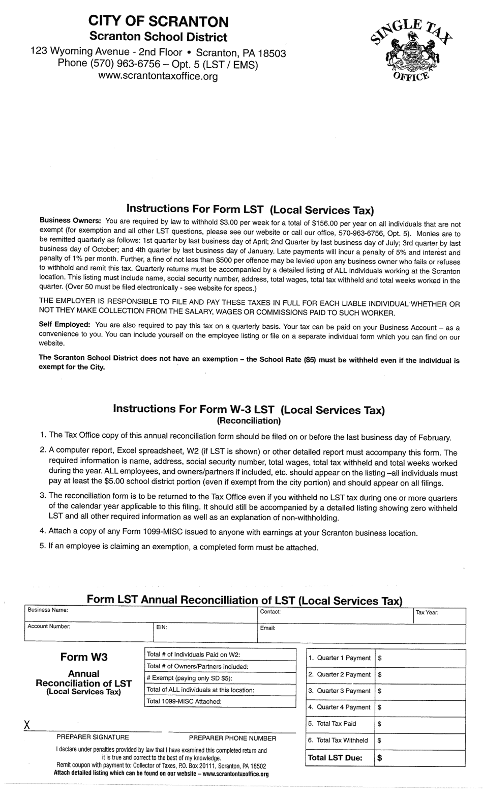 Form W-3 LST Annual Reconcilliation of Lst (Local Services Tax) - City of Scranton, Pennsylvania, Page 1