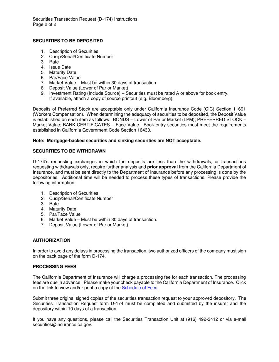 Instructions for Form D-174 Securities Transaction Request Form for Outside Depositors - California, Page 2