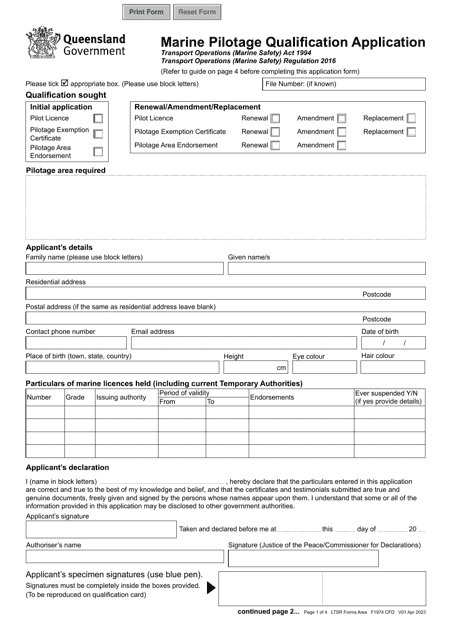 Form F1974 Marine Pilotage Qualification Application - Queensland, Australia