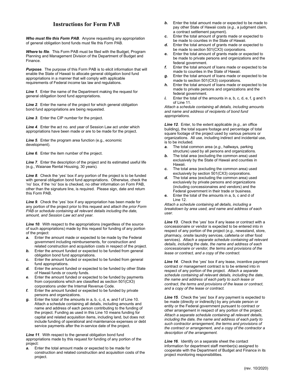 Instructions for Form PAB Questionnaire - General Obligation Bond Fund Appropriations - Hawaii, Page 1