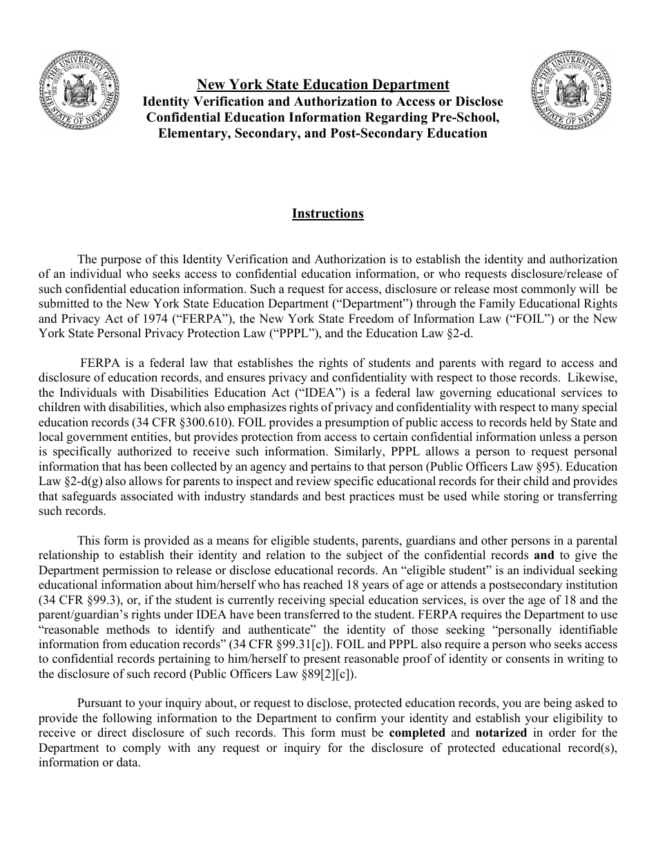 Identity Verification and Authorization to Access or Disclose Confidential Education Information Regarding Pre-school, Elementary, Secondary, and Post-secondary Education - New York, Page 1