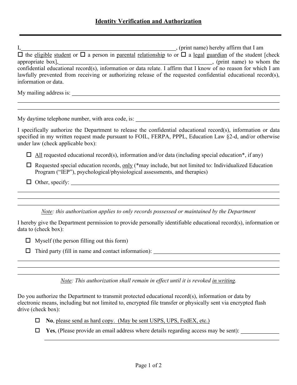 Identity Verification and Authorization to Access or Disclose Confidential Education Information Regarding Pre-school, Elementary, Secondary, and Post-secondary Education - New York, Page 2