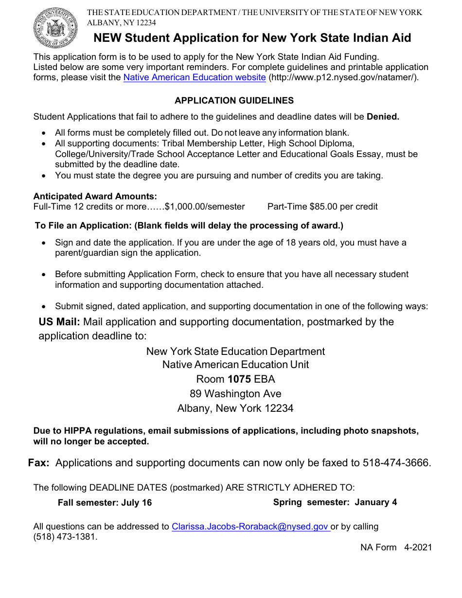 New Student Application for New York State Indian Aid - New York, Page 1