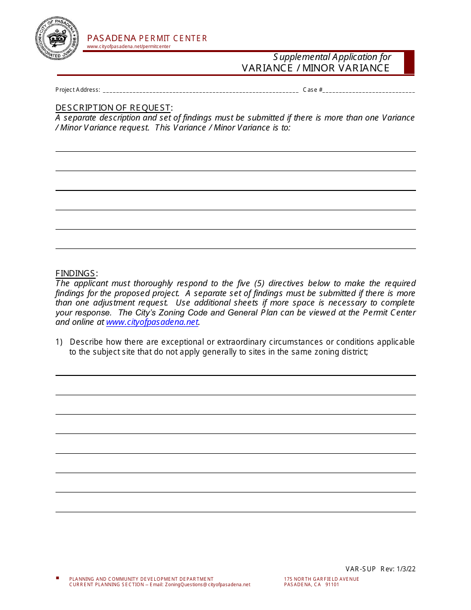 Supplemental Application for Variance / Minor Variance - City of Pasadena, California, Page 3