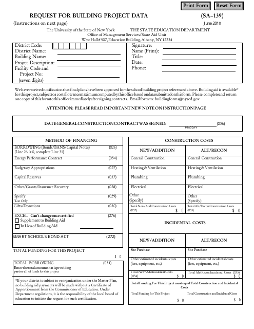 Form SA-139 Request for Building Project Data - New York