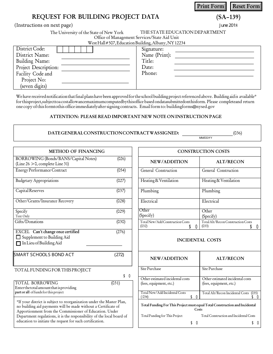 Form SA-139 Request for Building Project Data - New York, Page 1