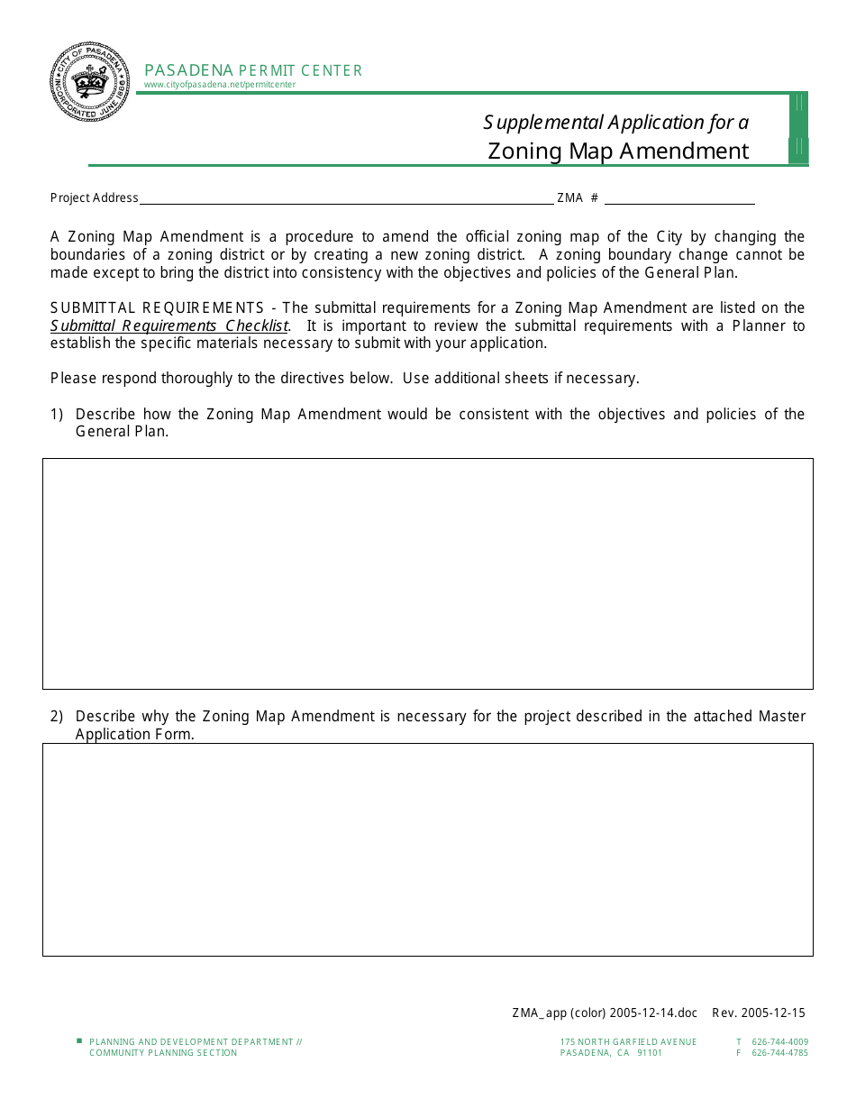 Supplemental Application for a Zoning Map Amendment - City of Pasadena, California, Page 1