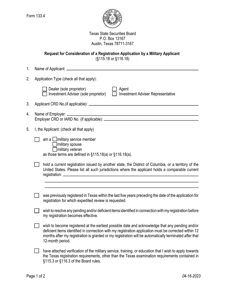Form 133.4 Request for Consideration of a Registration Application by a Military Applicant - Texas, Page 1
