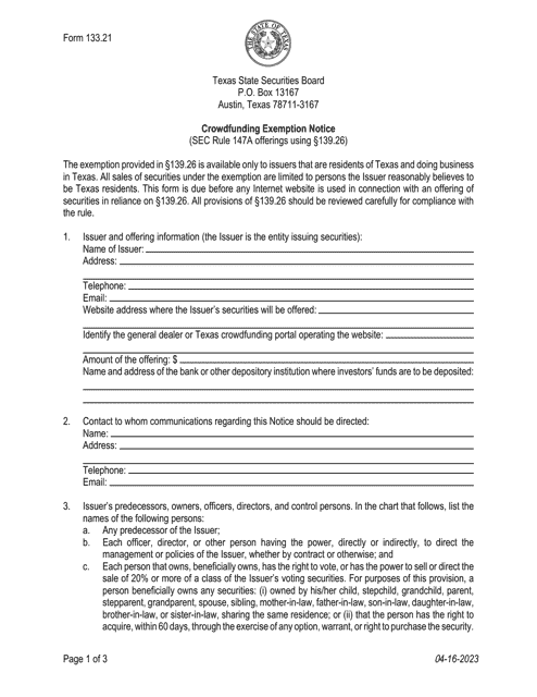 Form 133.21 Crowdfunding Exemption Notice - Texas