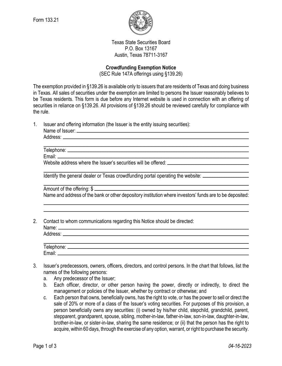 Form 133.21 Crowdfunding Exemption Notice - Texas, Page 1