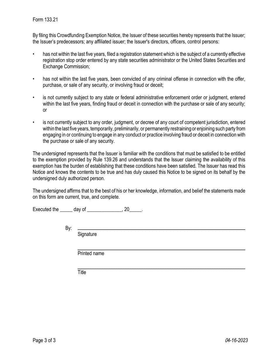 Form 133.21 Crowdfunding Exemption Notice - Texas, Page 3