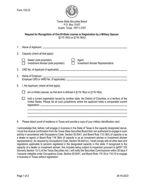 Form 133.23 Request for Recognition of Out-of-State License or Registration by a Military Spouse - Texas