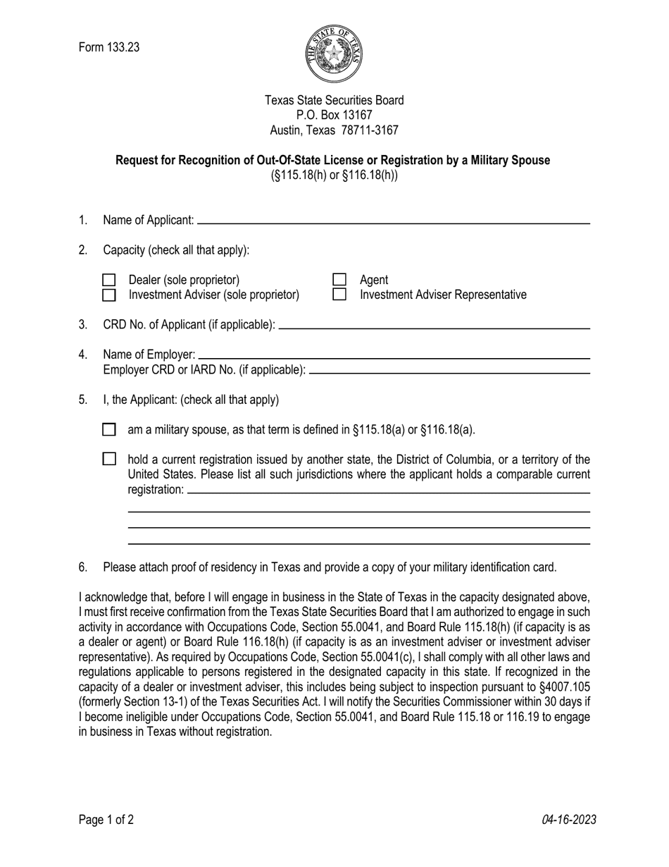 Form 133.23 Request for Recognition of Out-of-State License or Registration by a Military Spouse - Texas, Page 1