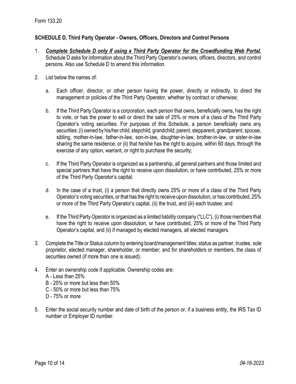 Form 133.20 Texas Crowdfunding Portal Registration by an Authorized Small Business Development Entity - Texas, Page 10