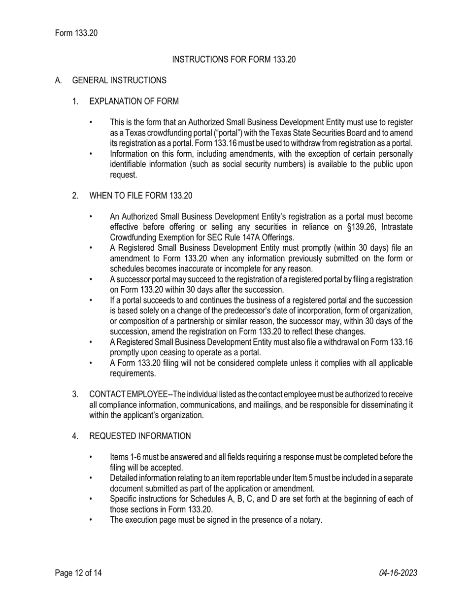 Form 133.20 Texas Crowdfunding Portal Registration by an Authorized Small Business Development Entity - Texas, Page 12