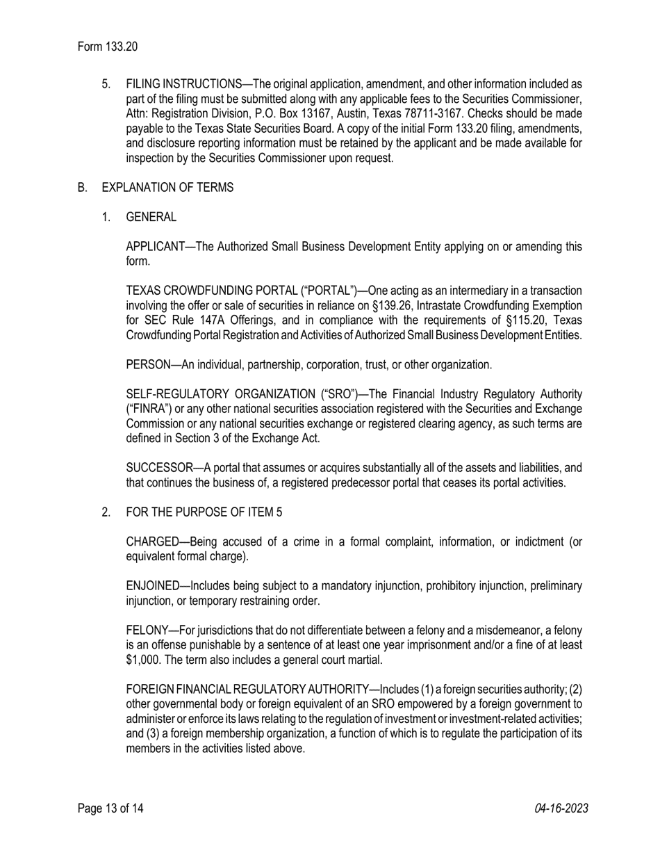 Form 133.20 Texas Crowdfunding Portal Registration by an Authorized Small Business Development Entity - Texas, Page 13