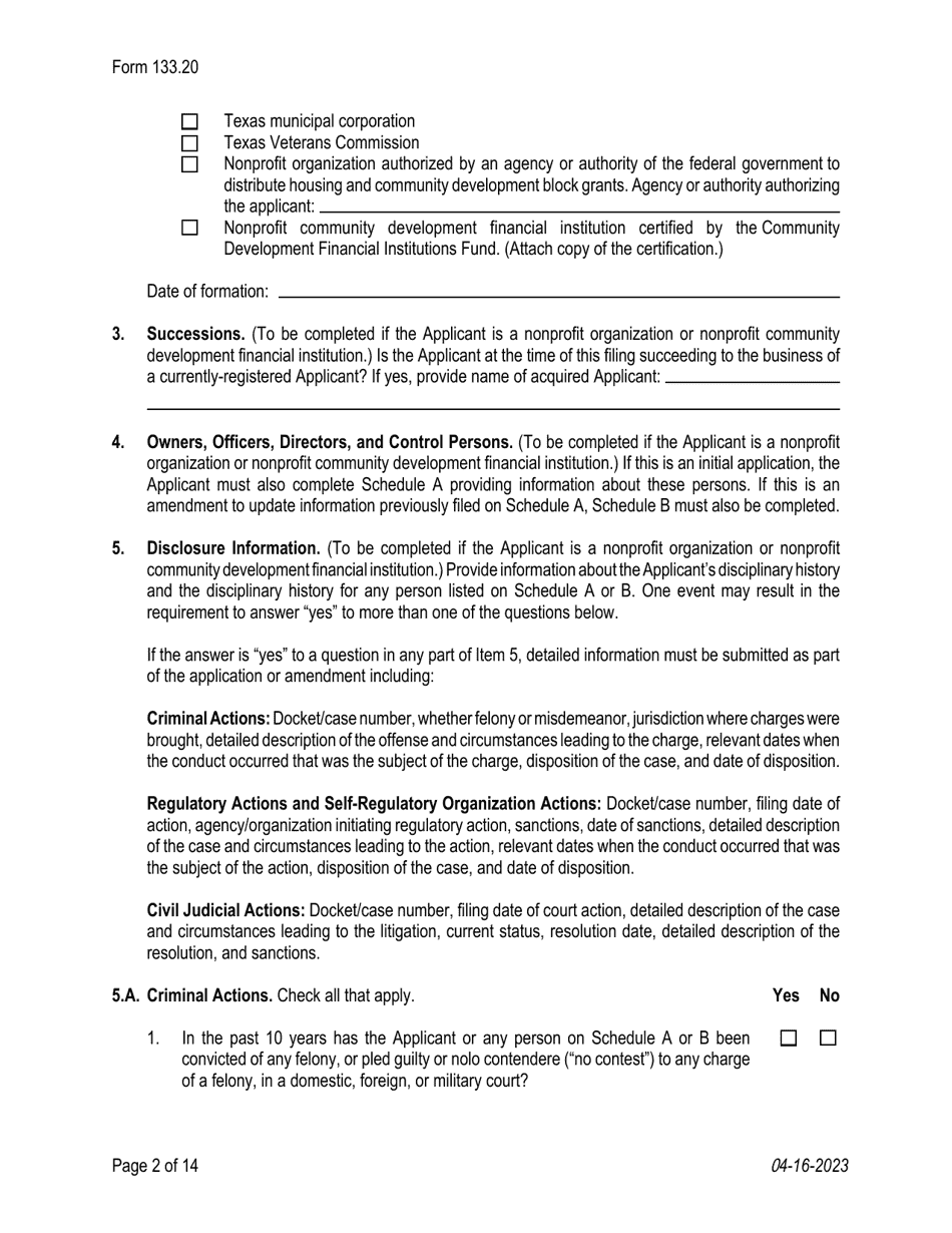 Form 133.20 Texas Crowdfunding Portal Registration by an Authorized Small Business Development Entity - Texas, Page 2