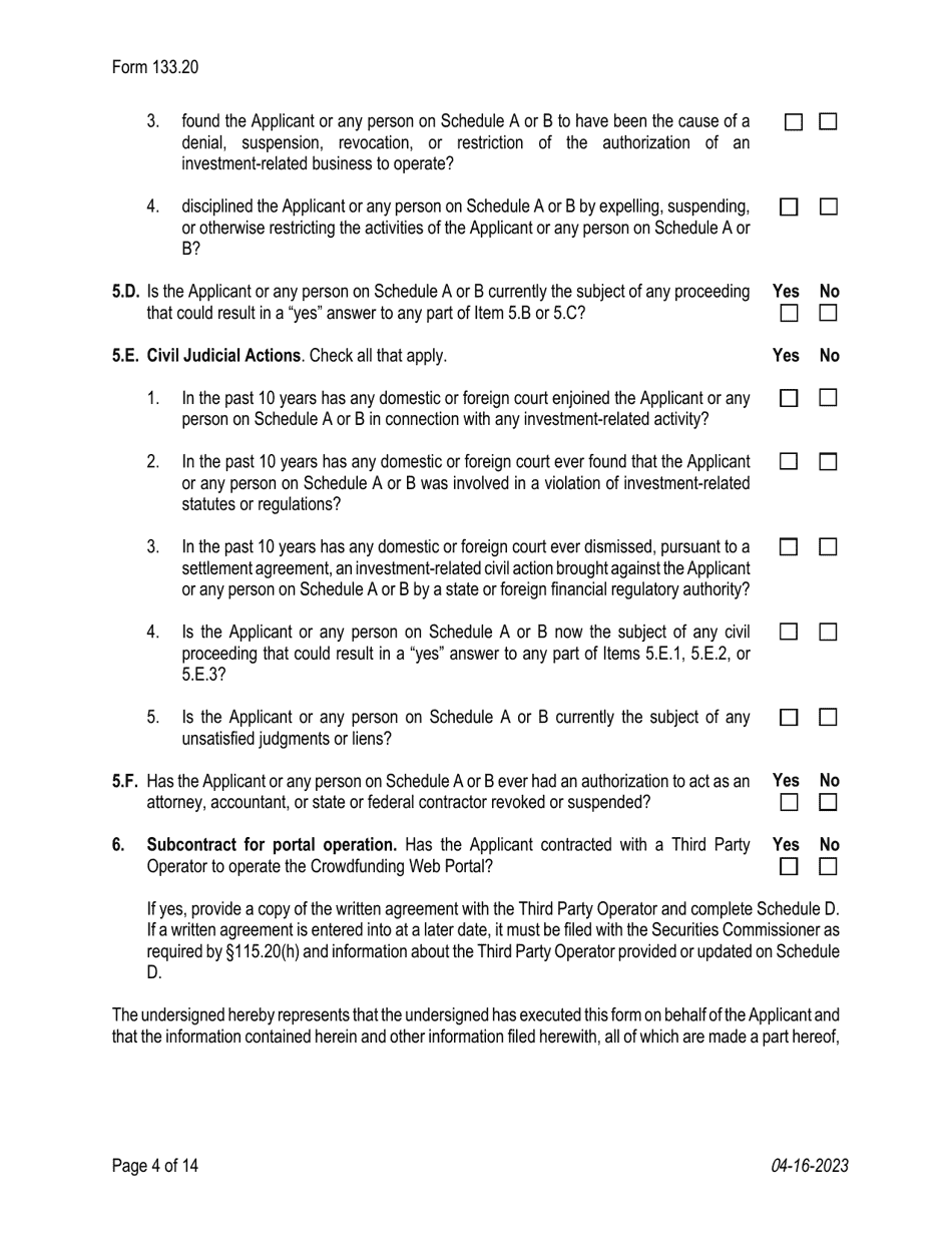 Form 133.20 Texas Crowdfunding Portal Registration by an Authorized Small Business Development Entity - Texas, Page 4