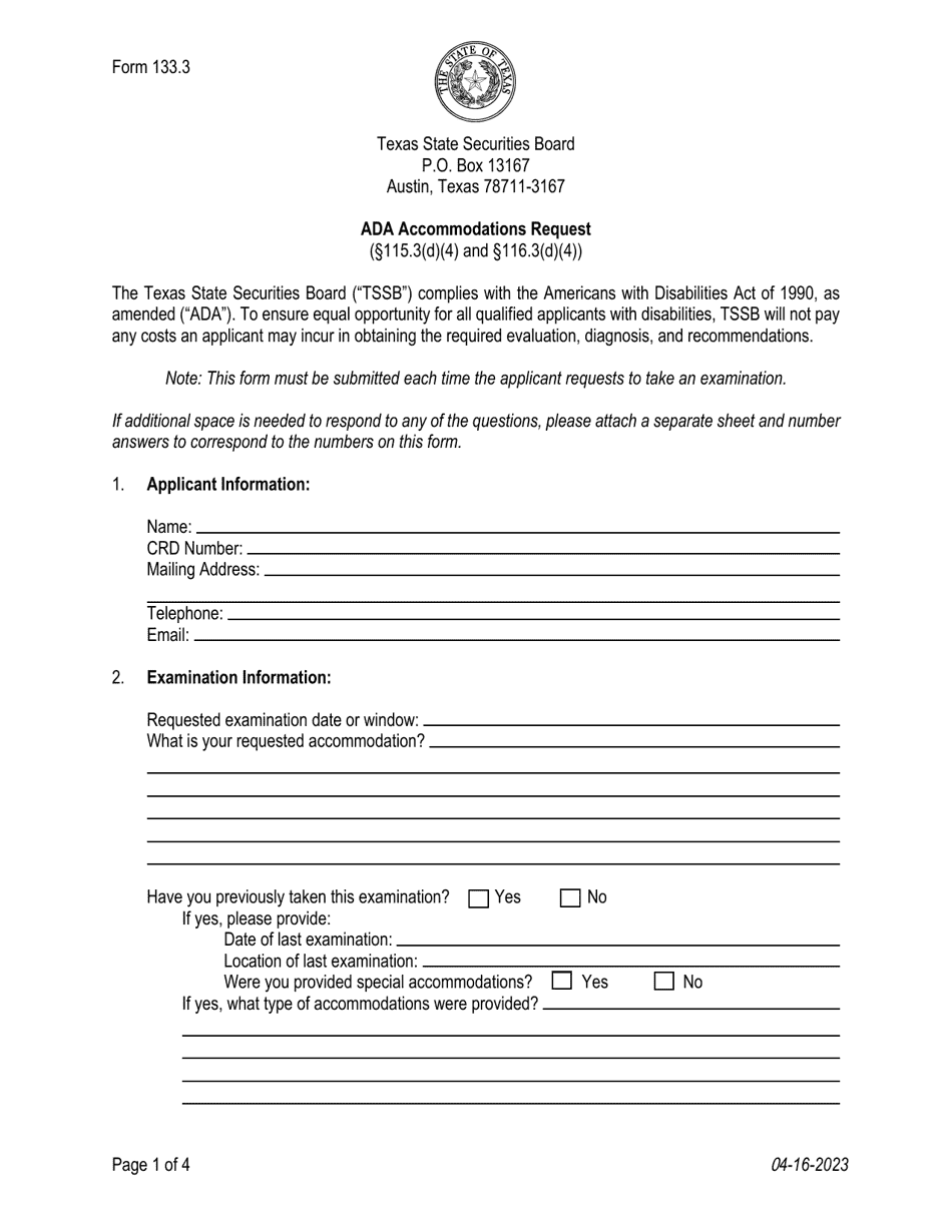 Form 133.3 Ada Accommodations Request - Texas, Page 1
