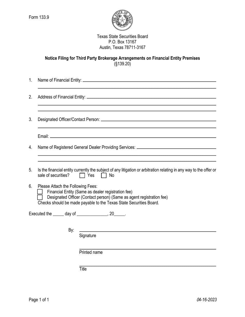 Form 133.9 Notice Filing for Third Party Brokerage Arrangements on Financial Entity Premises - Texas, Page 1