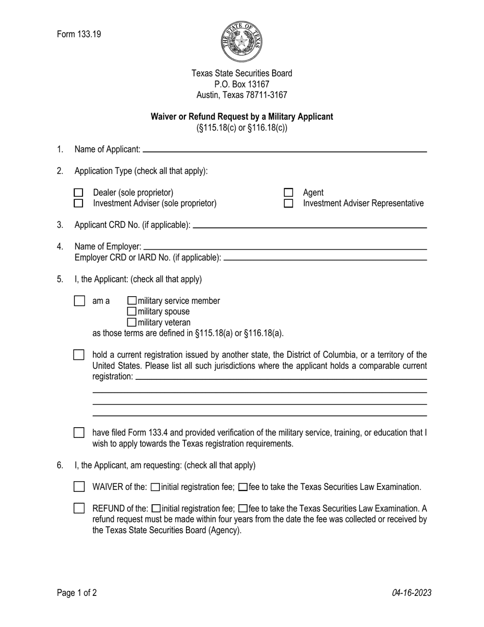 Form 133.19 Waiver or Refund Request by a Military Applicant - Texas, Page 1