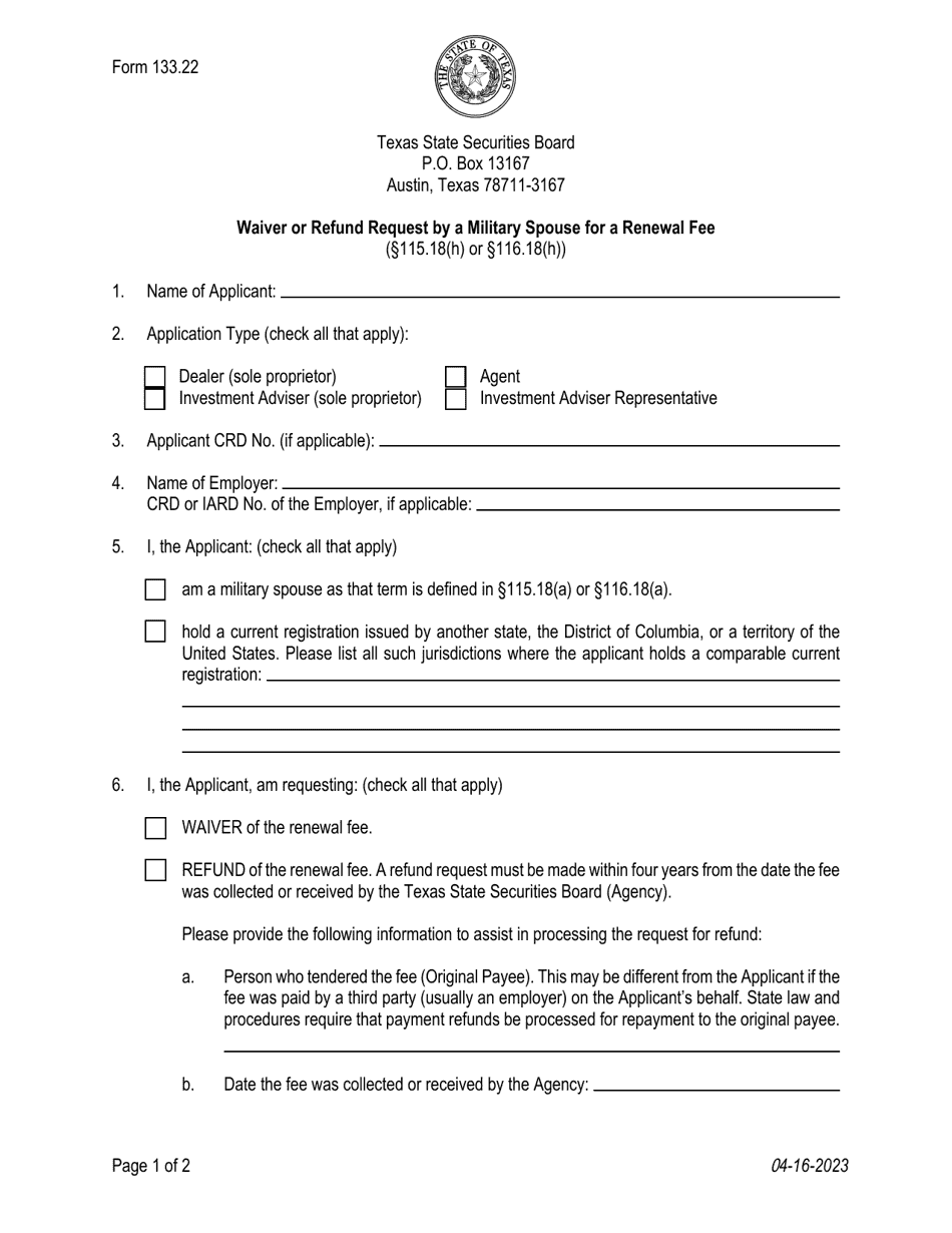 Form 133.22 Waiver or Refund Request by a Military Spouse for a Renewal Fee - Texas, Page 1