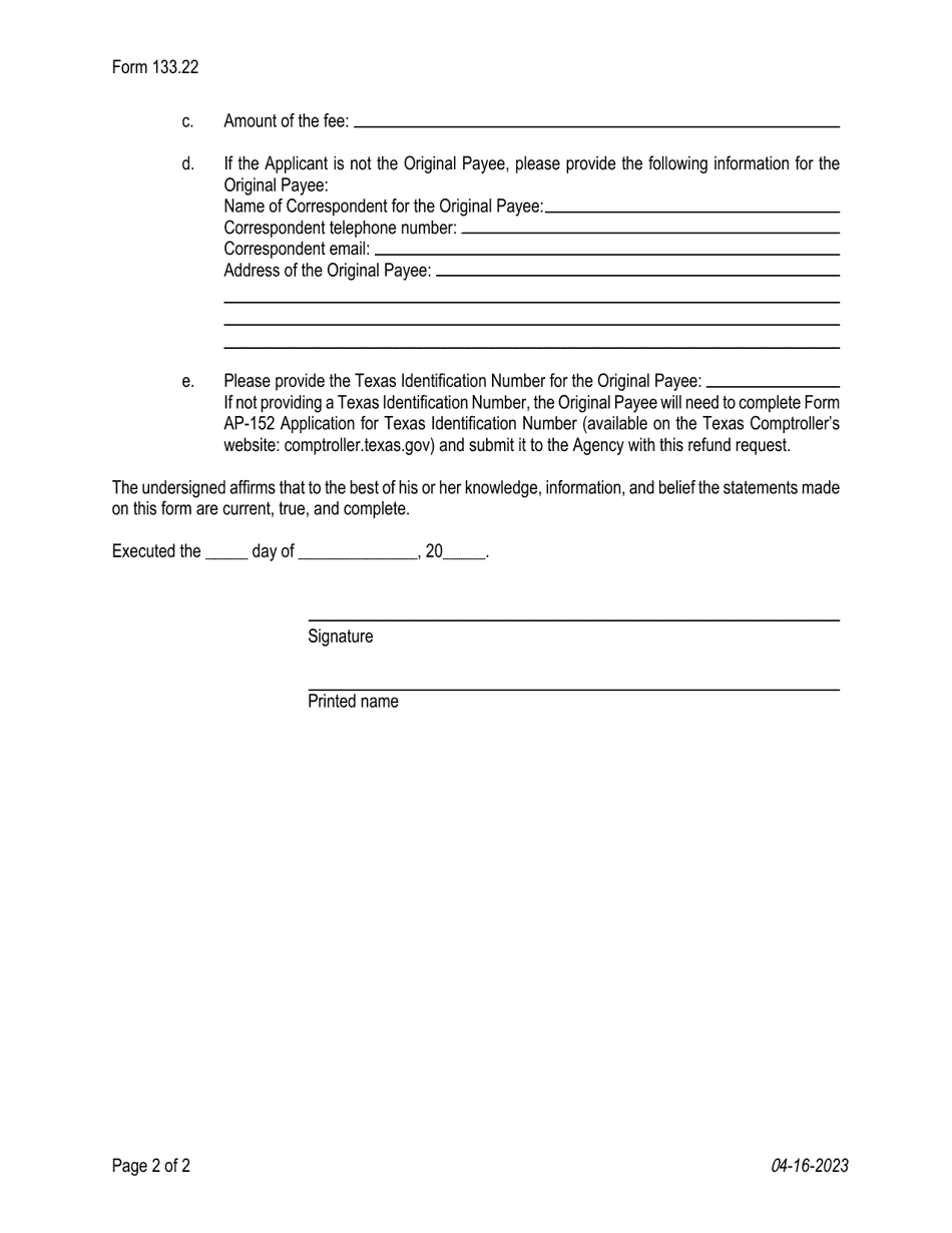 Form 133.22 Waiver or Refund Request by a Military Spouse for a Renewal Fee - Texas, Page 2