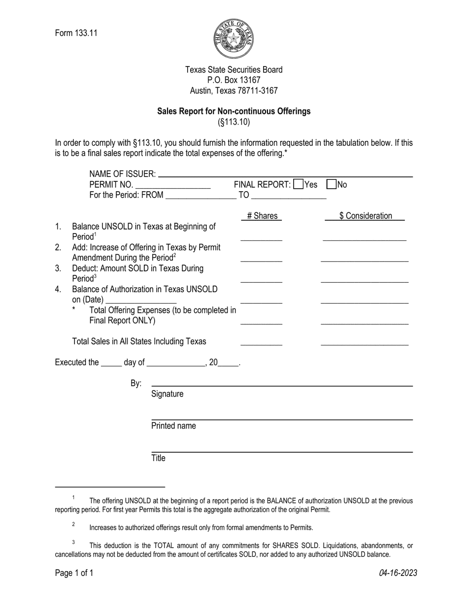 Form 133.11 Sales Report for Non-continuous Offerings - Texas, Page 1