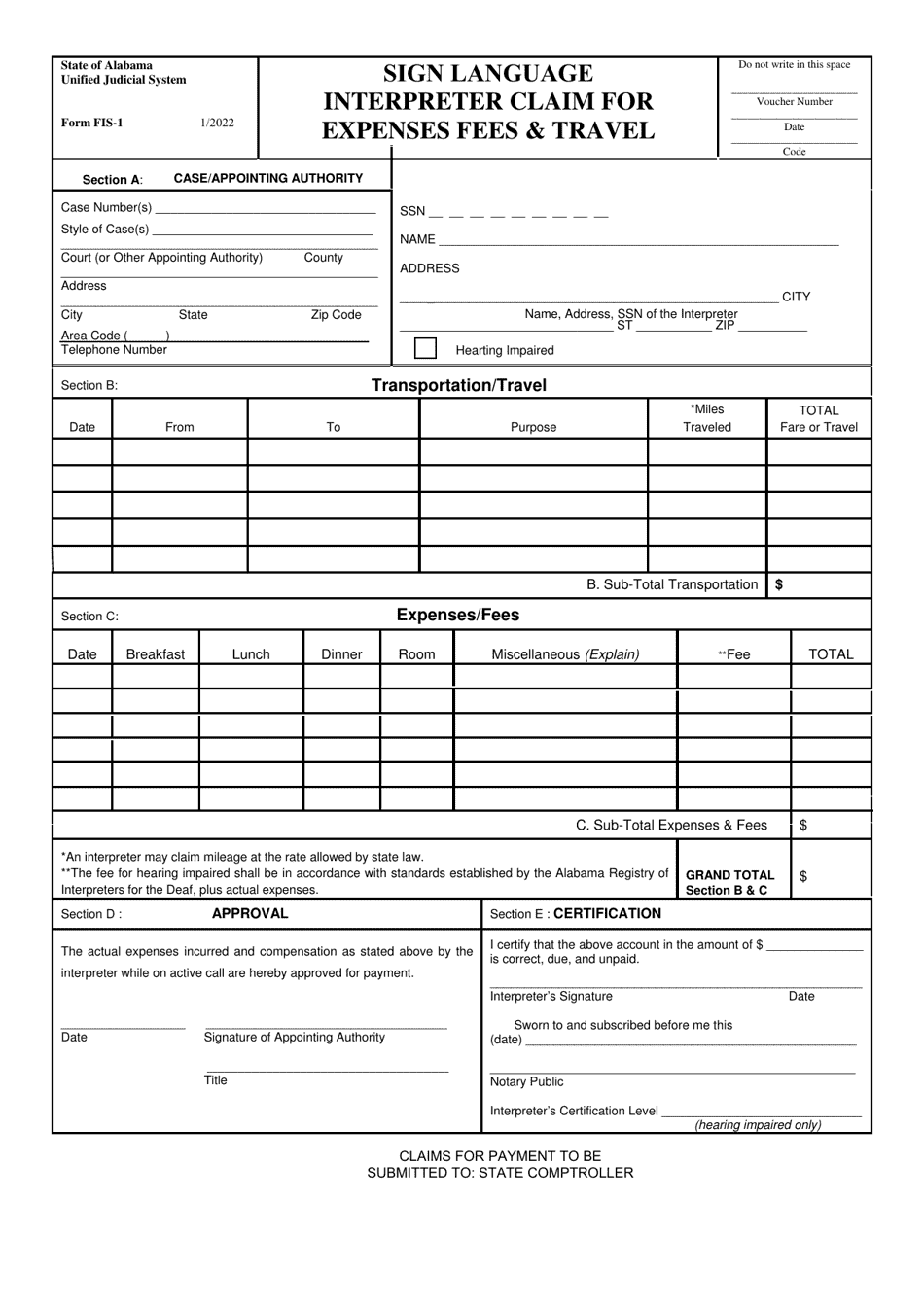 Form FIS-1 Sign Language Interpreter Claim for Expenses Fees  Travel - Alabama, Page 1