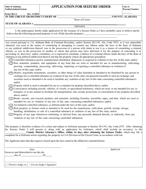 Form CR-1.1 Application for Seizure Order - Alabama