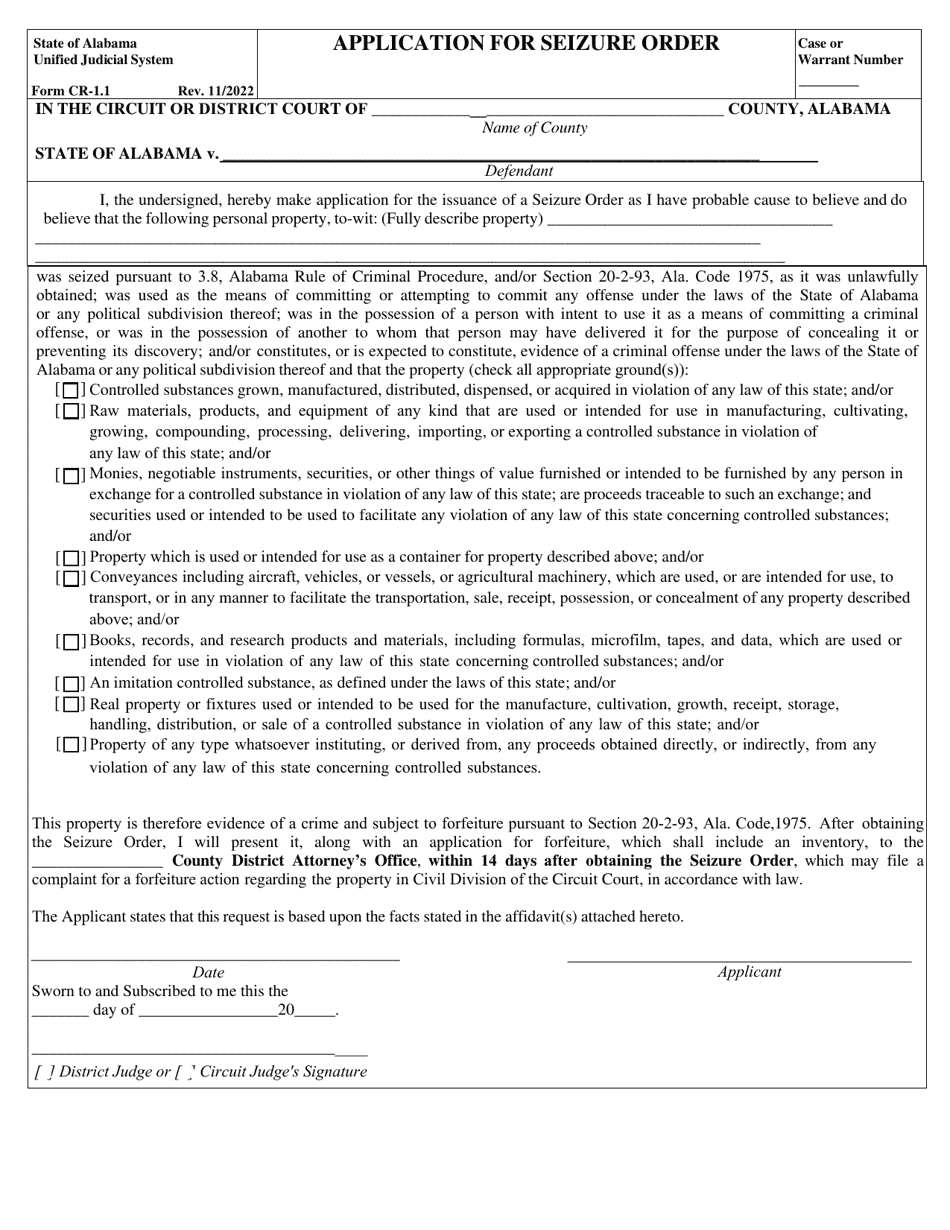 Form CR-1.1 Application for Seizure Order - Alabama, Page 1