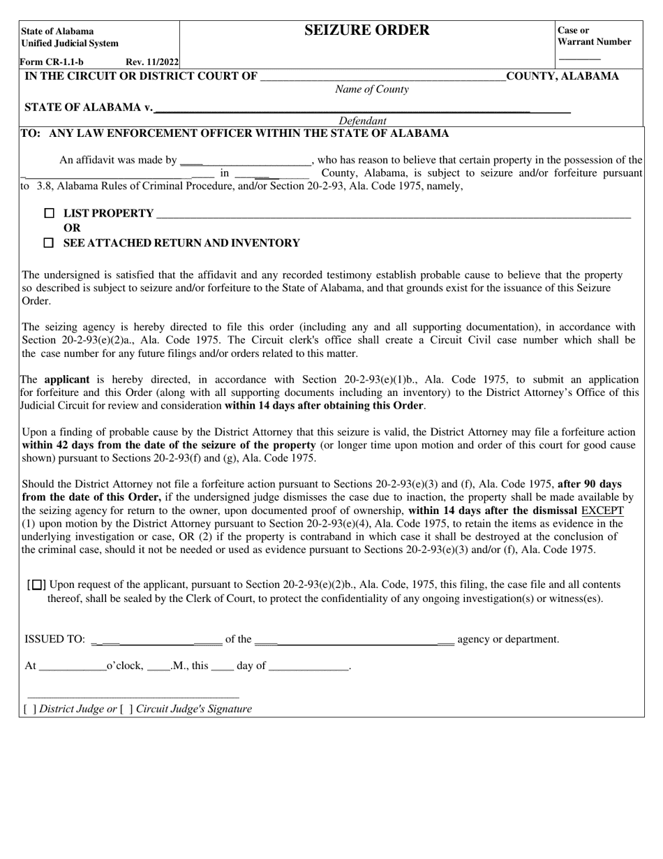 Form CR-1.1 Application for Seizure Order - Alabama, Page 3