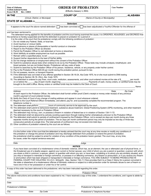 Form CR-50 Order of Probation - Alabama