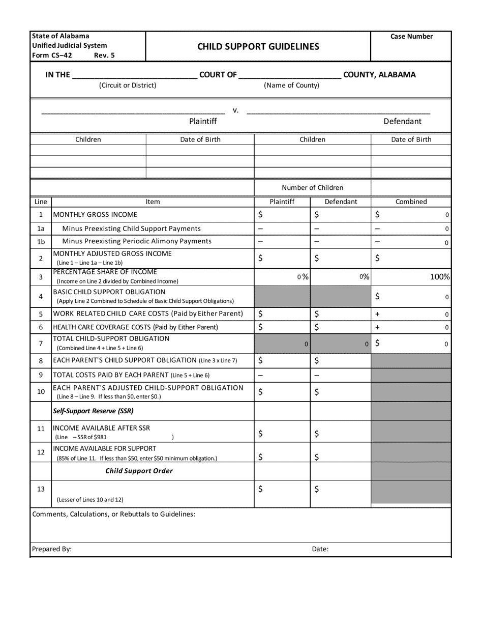 Form CS-42 Child Support Guidelines - Alabama, Page 1
