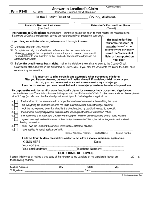 Form PS-01 Answer to Landlord's Claim - Alabama