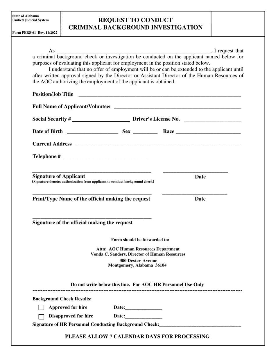 Form PERS-61 Request to Conduct Criminal Background Investigation - Alabama, Page 1