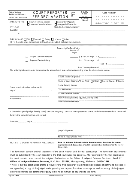 Form C-62C Court Reporter Fee Declaration - Alabama