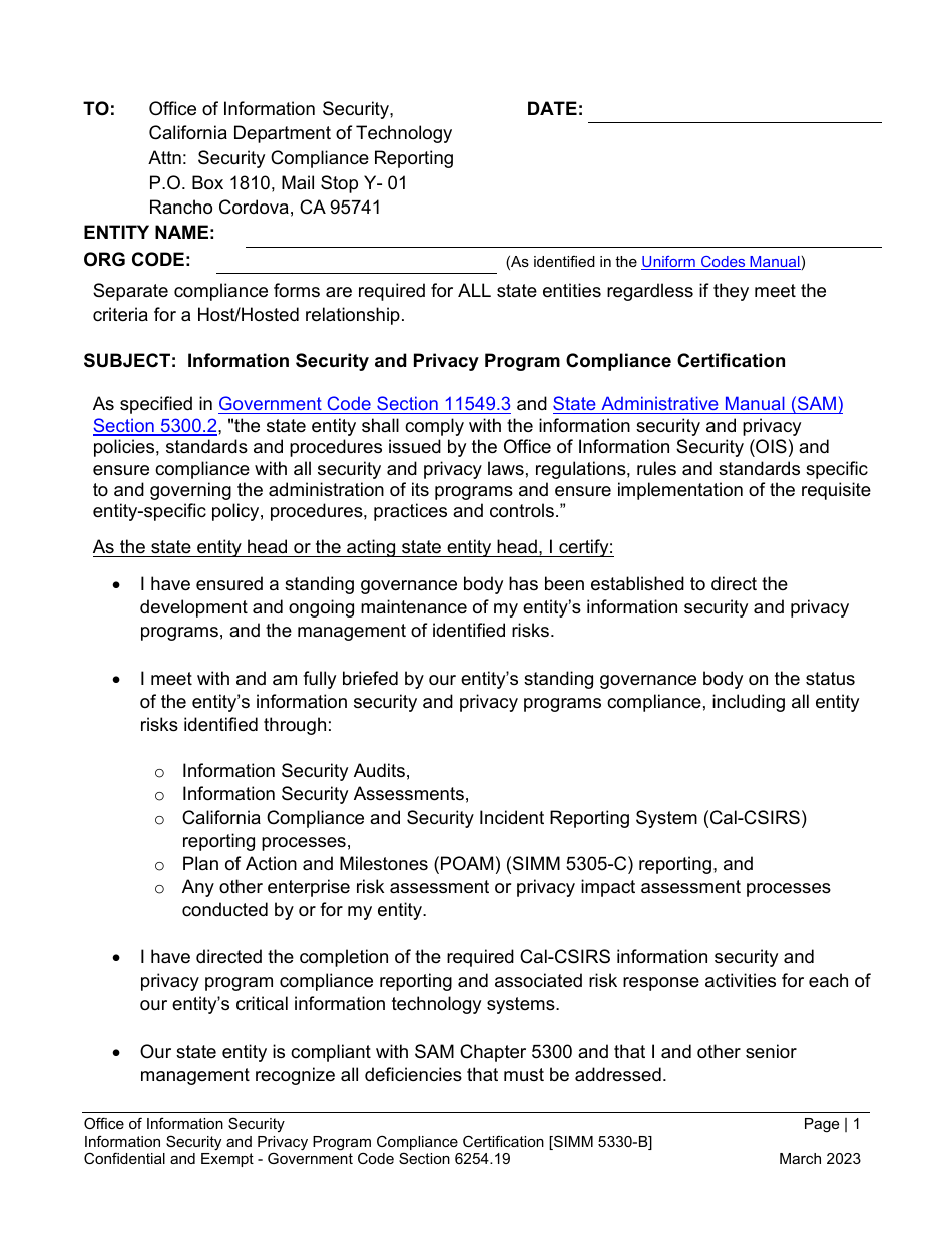 Form SIMM5330-B Information Security and Privacy Program Compliance Certification - California, Page 3