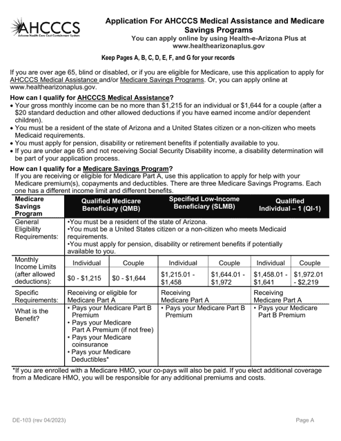 Form DE-103 Application for Ahcccs Medical Assistance and Medicare Savings Programs - Arizona