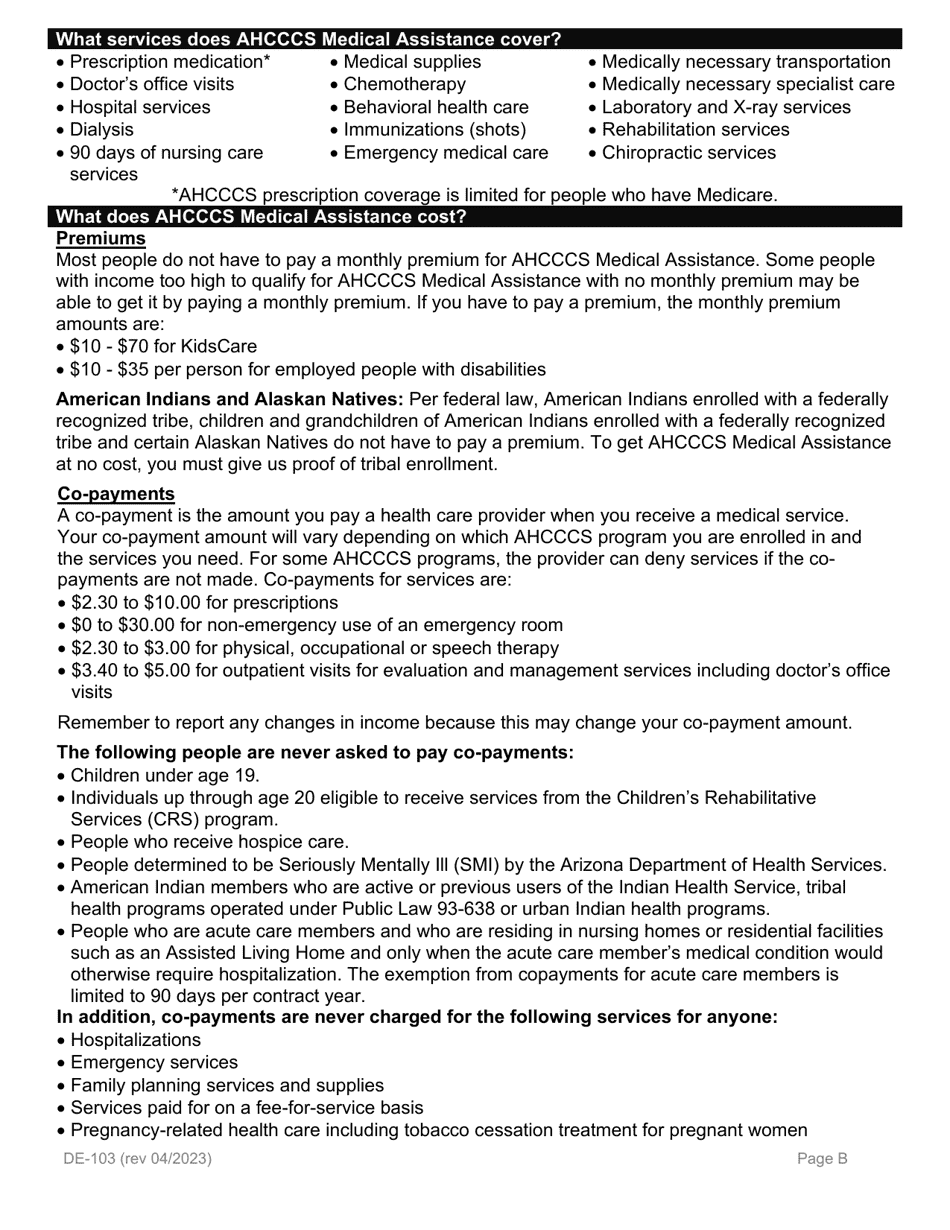 Form DE-103 Application for Ahcccs Medical Assistance and Medicare Savings Programs - Arizona, Page 2
