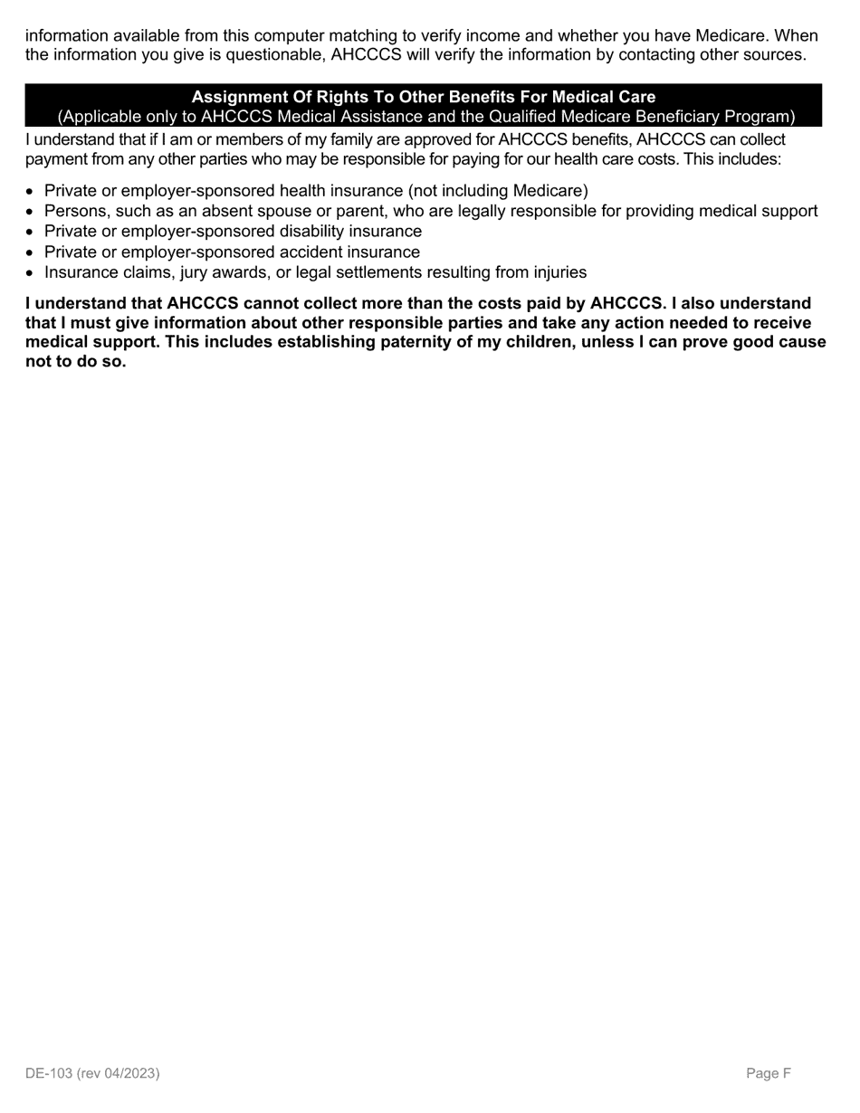 Form DE-103 Application for Ahcccs Medical Assistance and Medicare Savings Programs - Arizona, Page 6