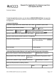 Form DE-101 (DE-202) Request for Application for Arizona Long Term Care System (Altcs) - Arizona