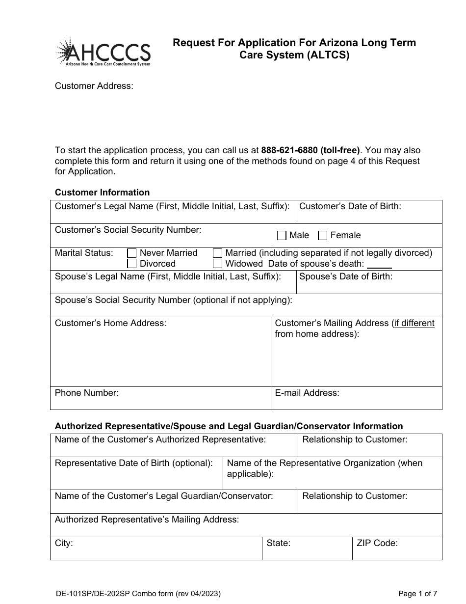 Form DE-101 (DE-202) Request for Application for Arizona Long Term Care System (Altcs) - Arizona, Page 1