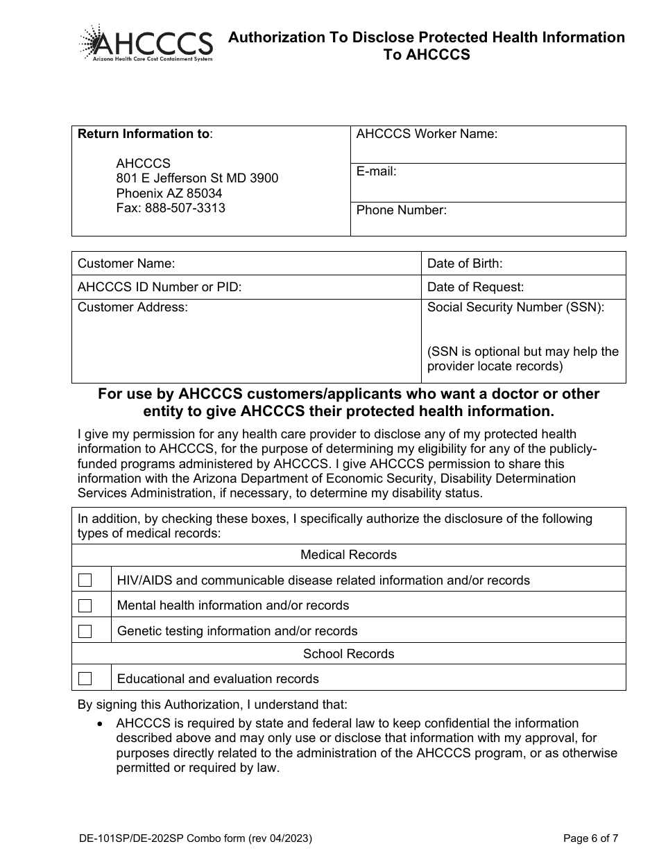 Form DE-101 (DE-202) Request for Application for Arizona Long Term Care System (Altcs) - Arizona, Page 6