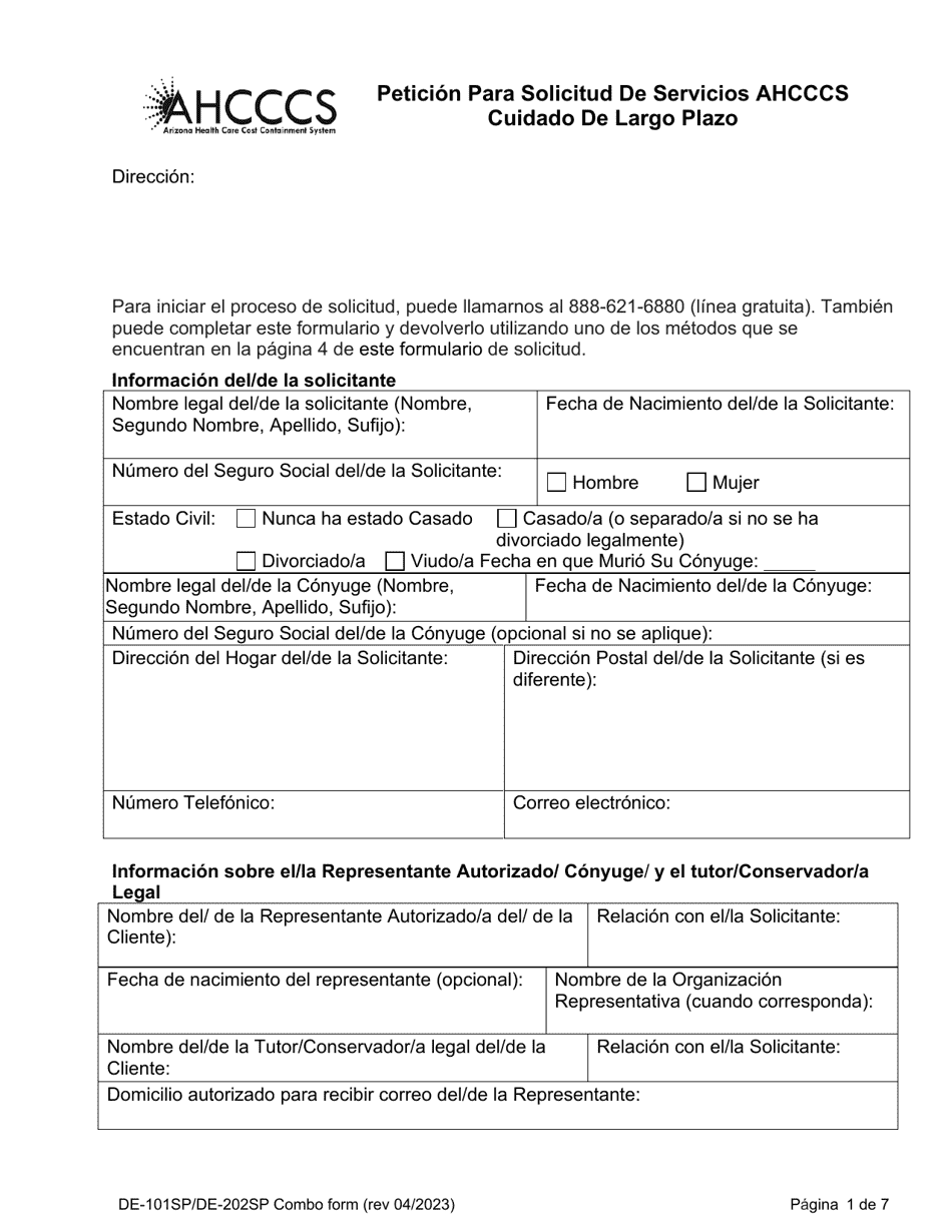Formulario DE-101SP (DE-202SP) Peticion Para Solicitud De Servicios Ahcccs Cuidado De Largo Plazo - Arizona (Spanish), Page 1